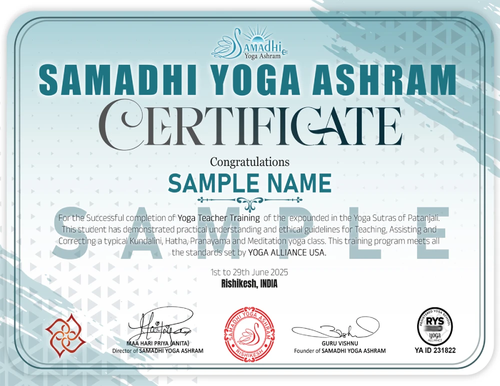Samadhi Yoga Ashram Yin Yoga Completion Certificate